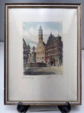 Rothenburg Artist-Signed Vintage Framed Etching Hand-Colored Print Germany